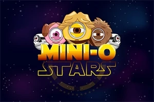 세 가지 다양한 색상의 눈을 가진 캐릭터들이 MINI-O STARS라는 글자 위에 있는 우주 배경 이미지
