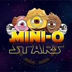 세 가지 다양한 색상의 눈을 가진 캐릭터들이 MINI-O STARS라는 글자 위에 있는 우주 배경 이미지