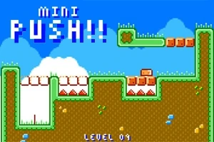 파란 하늘과 구름을 배경으로 녹색과 갈색의 픽셀 그래픽 플랫폼이 있는 이미지