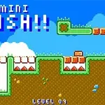 파란 하늘과 구름을 배경으로 녹색과 갈색의 픽셀 그래픽 플랫폼이 있는 이미지