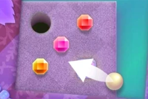 보라색 배경 위에 화살표와 다양한 색상의 보석들이 있고, 구멍이 있는 장면