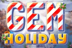 큰 글자로 GEM HOLIDAY가 적혀 있으며, 눈 내린 겨울 배경에 빨간 줄무늬와 초록색 홀리 장식이 있는 모습