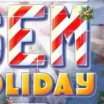 큰 글자로 GEM HOLIDAY가 적혀 있으며, 눈 내린 겨울 배경에 빨간 줄무늬와 초록색 홀리 장식이 있는 모습