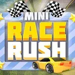 체커 깃발과 노란색 미니 경주차가 포함된 MINI RACE RUSH 텍스트 이미지