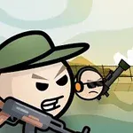 군인 복장을 한 세 명의 만화 캐릭터가 무기를 들고 긴장된 표정을 하고 있는 모습