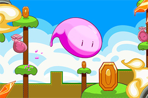 분홍색 슬라임이 하늘을 배경으로 나무와 황금 동전 사이를 떠다니고 있다