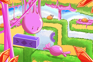 알록달록한 캔디와 젤리 모양의 캐릭터들이 있는 초록색과 핑크색의 미로 배경