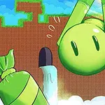 녹색 캐릭터가 점프하며 공중에 떠 있고, 아래에는 하얀 구름과 녹색 배경이 펼쳐져 있다