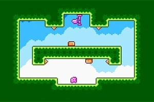 푸른 하늘 배경의 초록색 미로 안에 분홍색 캐릭터와 갈색 상자가 배치된 이미지