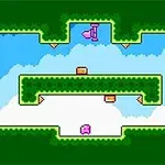 푸른 하늘 배경의 초록색 미로 안에 분홍색 캐릭터와 갈색 상자가 배치된 이미지