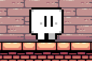 벽돌 배경 앞에 있는 픽셀 스타일의 하얀 캐릭터