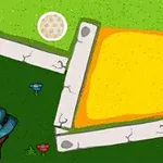 붉은 모자를 쓴 노움이 골프채를 들고 있는 밝은 정원 풍경