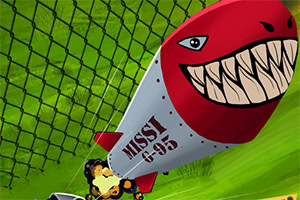 붉은색 코를 가진 웃는 미사일이 녹색 배경 앞에 있으며, 미사일에는 MISSY G-95라는 글자가 적혀 있다