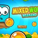 파란 배경에 눈이 큰 파란 블록 캐릭터와 주황색 공, 나무 발판들이 있는 이미지