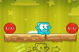 녹색 배경 위 나무 발판에 서 있는 파란색 블록 캐릭터와 두 개의 빨간색 공 모양 캐릭터