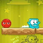 녹색 배경 위 나무 발판에 서 있는 파란색 블록 캐릭터와 두 개의 빨간색 공 모양 캐릭터