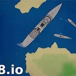 파란 바다 위에 세 척의 군함이 섬 주위에 위치해 있는 장면