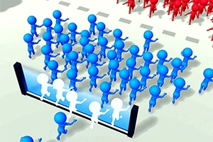 파란색과 빨간색 봉제 인형들이 서로 마주 보고 있는 장면