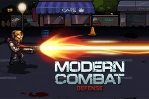 헬멧을 쓴 인물이 거리에서 무기를 발사하는 모습과 MODERN COMBAT DEFENSE 텍스트