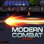 헬멧을 쓴 인물이 거리에서 무기를 발사하는 모습과 MODERN COMBAT DEFENSE 텍스트
