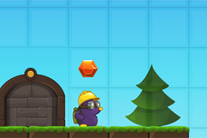 건설모를 쓴 보라색 캐릭터가 나무와 문 옆에 서 있고, 위에는 빨간 보석이 떠 있는 장면