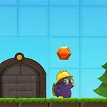 건설모를 쓴 보라색 캐릭터가 나무와 문 옆에 서 있고, 위에는 빨간 보석이 떠 있는 장면