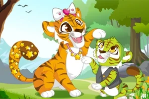 활기차고 귀여운 호랑이 두 마리가 숲속에서 장난치며 놀고 있는 모습