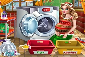 임신한 여성이 세탁기 옆에 서 있으며, 장난감과 옷을 분류하기 위한 빨간색과 노란색 바구니가 놓여 있다