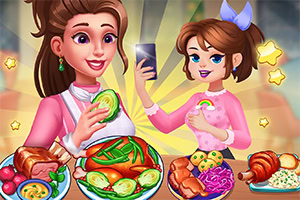 두 명의 여성이 다양한 음식 앞에서 웃으며 요리 사진을 찍고 있습니다