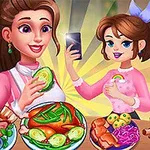 두 명의 여성이 다양한 음식 앞에서 웃으며 요리 사진을 찍고 있습니다