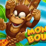 귀엽고 환한 표정을 짓고 있는 원숭이가 나무 위에서 포즈를 취하고 있으며, 파란 하늘과 초록색 잎이 배경에 있다