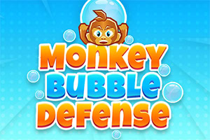 원숭이가 물방울 속에 있는 귀여운 삽화와 Monkey Bubble Defense라는 텍스트가 파란색 배경에 있는 이미지