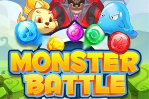 몬스터와 보석이 있는 만화 스타일의 배경에 MONSTER BATTLE이라는 대문자 텍스트가 표시되어 있습니다