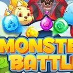 몬스터와 보석이 있는 만화 스타일의 배경에 MONSTER BATTLE이라는 대문자 텍스트가 표시되어 있습니다