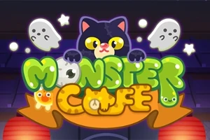 고양이, 유령, 별이 배경에 있는 알록달록한 MONSTER CAFE 로고