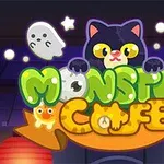 고양이, 유령, 별이 배경에 있는 알록달록한 MONSTER CAFE 로고