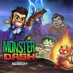 만화 스타일의 용감한 남자가 샷건을 들고 여러 몬스터와 함께 어두운 배경을 배경으로 서 있는 모습