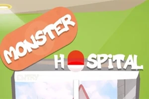 녹색 배경에 MONSTER HOSPITAL이라고 적힌 간판이 있는 병원 입구