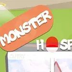 녹색 배경에 MONSTER HOSPITAL이라고 적힌 간판이 있는 병원 입구