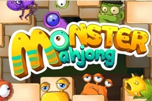다양한 귀여운 몬스터들 얼굴과 Monster Mahjong 텍스트가 중앙에 있는 이미지
