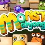 다양한 귀여운 몬스터들 얼굴과 Monster Mahjong 텍스트가 중앙에 있는 이미지
