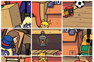 장난감 상자와 기차, 축구공, 기타, 인형이 놓여 있는 다채로운 방