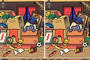 두 장의 비슷한 그림에서 상자 뒤에 숨어 있는 모자 쓴 생물과 다양한 장난감들이 흩어져 있는 방의 모습