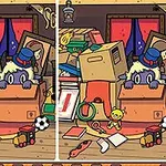 두 장의 비슷한 그림에서 상자 뒤에 숨어 있는 모자 쓴 생물과 다양한 장난감들이 흩어져 있는 방의 모습