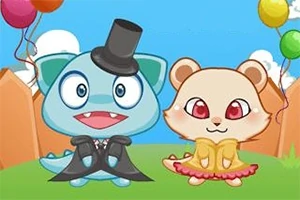 만화 스타일의 두 동물 캐릭터가 각각 연미복과 드레스를 입고 풍선을 들고 있는 모습