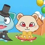 만화 스타일의 두 동물 캐릭터가 각각 연미복과 드레스를 입고 풍선을 들고 있는 모습