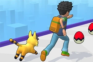 소년과 노란색 동물 캐릭터가 공 모양의 물체들을 향해 달려가는 모습