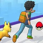 소년과 노란색 동물 캐릭터가 공 모양의 물체들을 향해 달려가는 모습