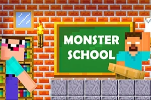 벽돌 벽 앞에 있는 초록색 칠판에 MONSTER SCHOOL이라고 쓰여 있고, 두 블록 형태의 캐릭터가 각각의 포즈를 취하고 있다