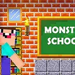 벽돌 벽 앞에 있는 초록색 칠판에 MONSTER SCHOOL이라고 쓰여 있고, 두 블록 형태의 캐릭터가 각각의 포즈를 취하고 있다